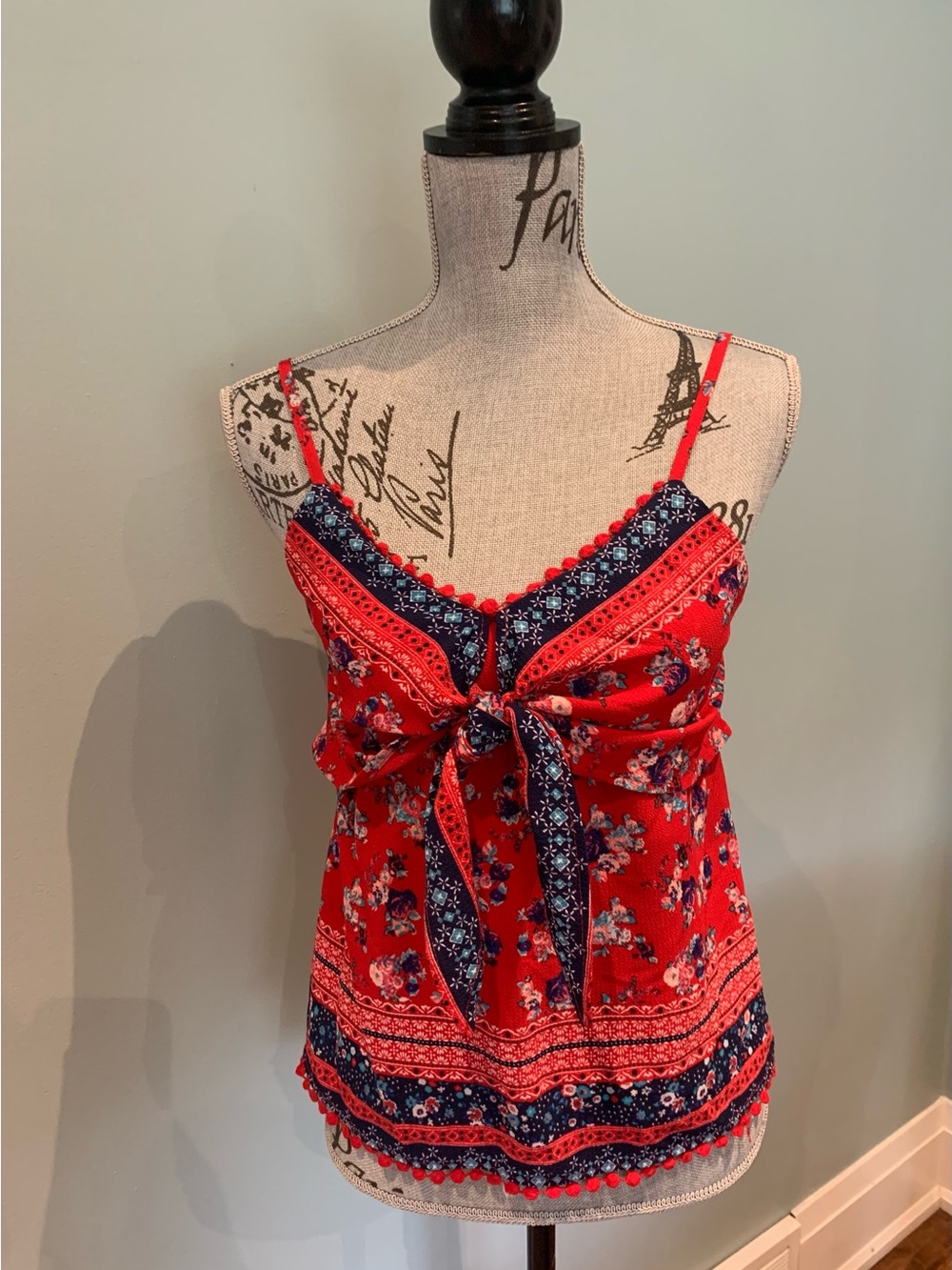 Almost Famous Red Floral Tie-Front Cami with Navy Accent